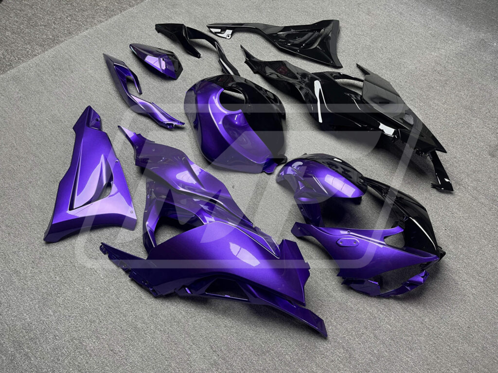 Kawasaki ZX6R custom ABS fairings 2024 - 2025 in Gloss Black & Purple Split - durable replacement kit, Monster Fairings