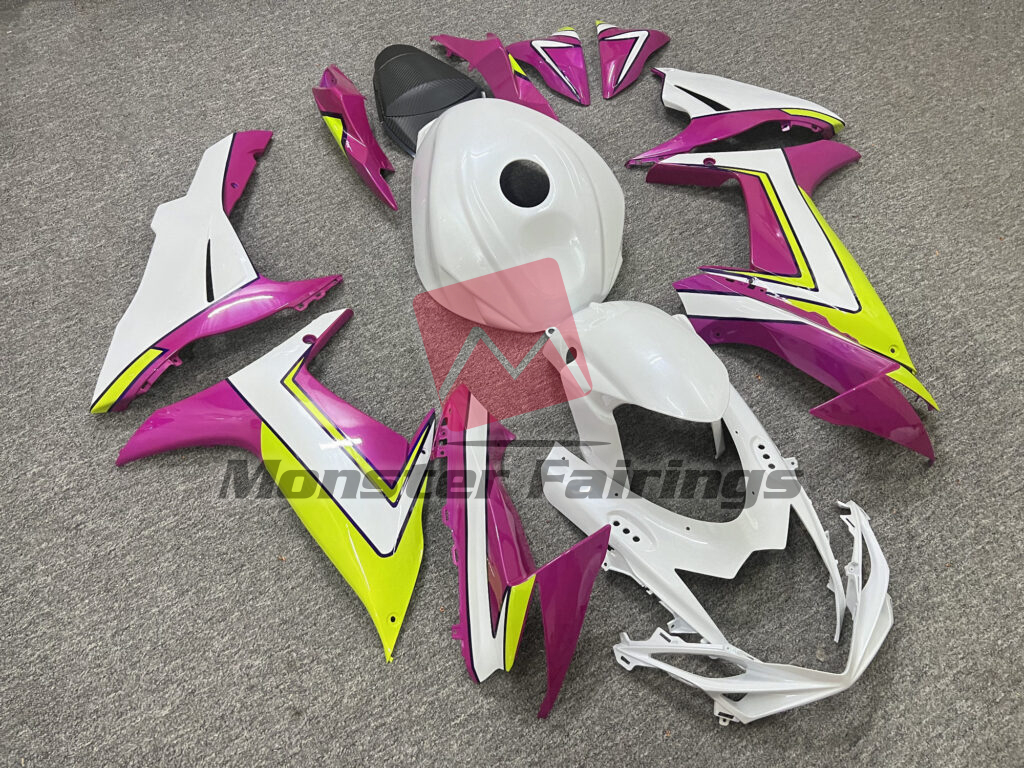 Suzuki GSXR 600 - 750 custom ABS fairings 2011 - 2025 in Gloss White With High Vis Yellow & Pink - durable replacement kit, Monster Fairings