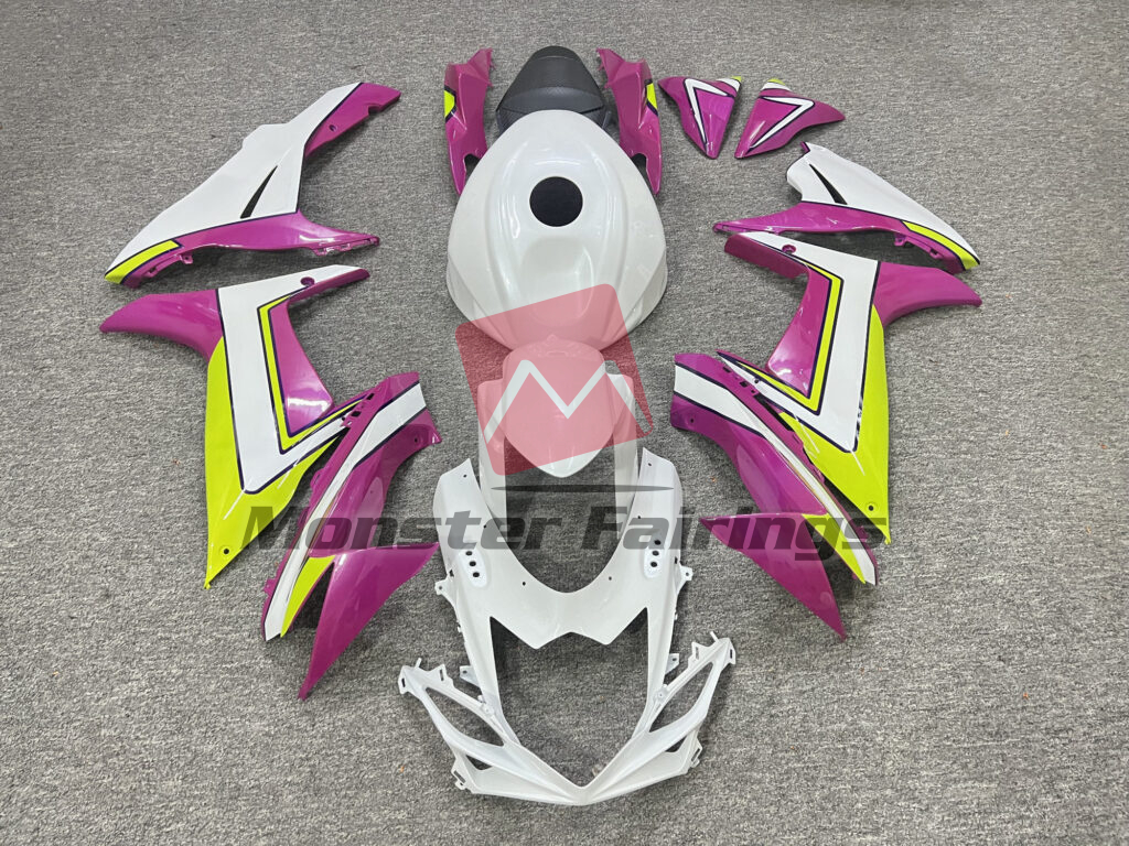 Suzuki GSXR 600 - 750 2011 - 2025 Gloss White With High Vis Yellow & Pink ABS fairings - custom motorcycle bodywork kit by Monster Fairings