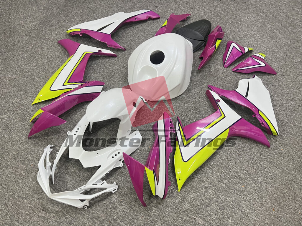 Gloss White With High Vis Yellow & Pink ABS fairings for Suzuki GSXR 600 - 750 2011 - 2025 - premium OEM fit kit by Monster Fairings