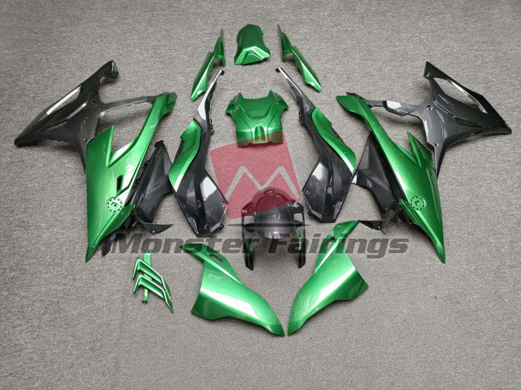 BMW S1000RR 2019 - 2022 Gloss Green With Carbon Fiber Style ABS fairings - custom motorcycle bodywork kit by Monster Fairings