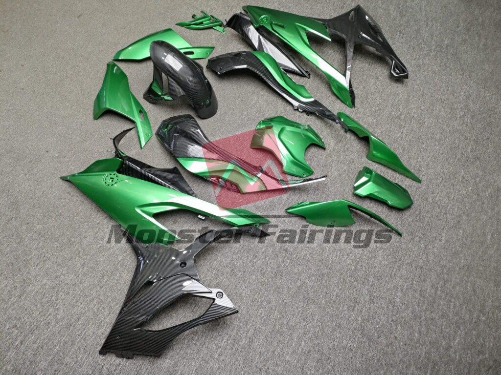 2019 - 2022 BMW S1000RR Gloss Green With Carbon Fiber Style fairing set - ABS injection, custom painted by Monster Fairings