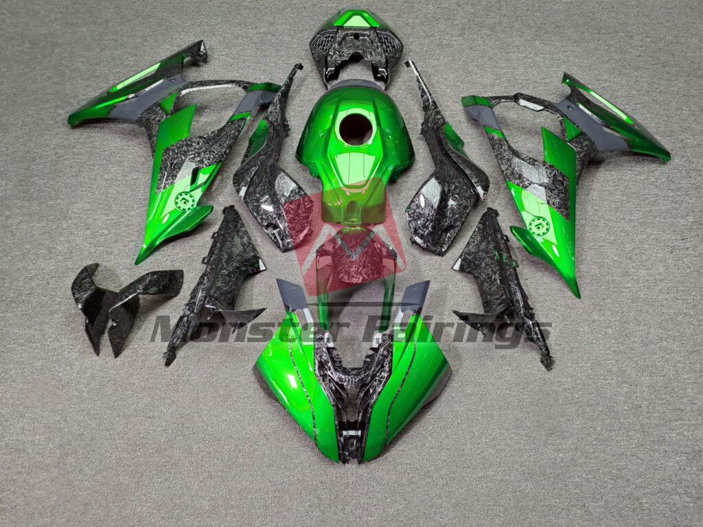 BMW S1000RR 2019 - 2022 Gloss Forged Carbon Fiber Style With Green & Gray ABS fairings - custom motorcycle bodywork kit by Monster Fairings