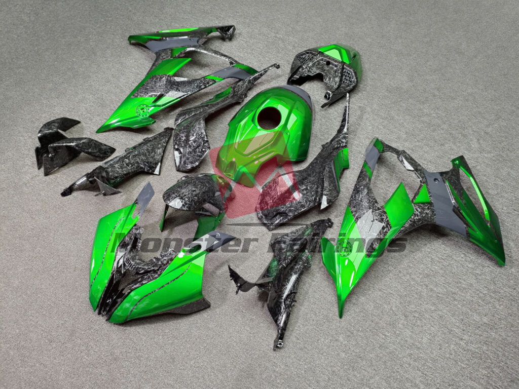 Gloss Forged Carbon Fiber Style With Green & Gray ABS fairings for BMW S1000RR 2019 - 2022 - premium OEM fit kit by Monster Fairings
