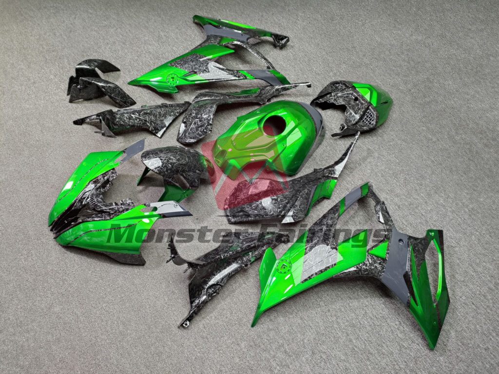 BMW S1000RR custom ABS fairings 2019 - 2022 in Gloss Forged Carbon Fiber Style With Green & Gray - durable replacement kit, Monster Fairings