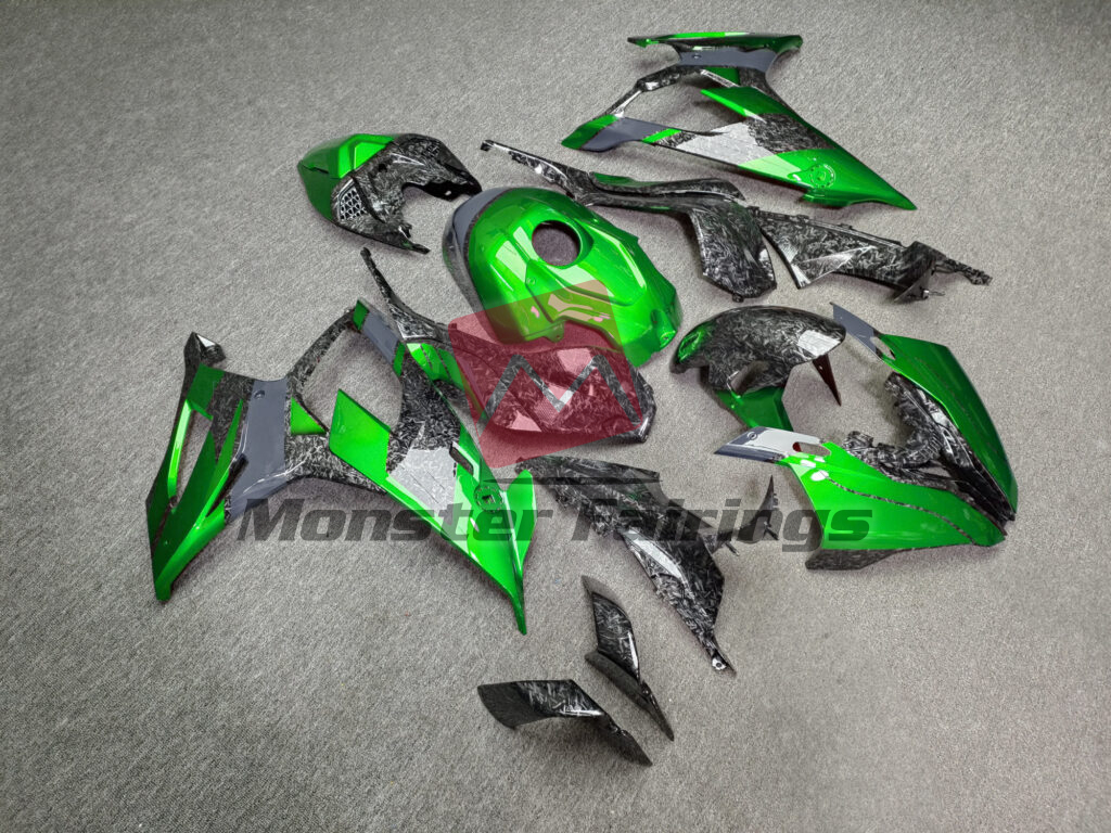 2019 - 2022 BMW S1000RR Gloss Forged Carbon Fiber Style With Green & Gray fairing set - ABS injection, custom painted by Monster Fairings