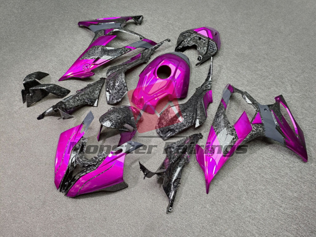 Gloss Forged Carbon Fiber Style With Pink & Gray ABS fairings for BMW S1000RR 2019 - 2022 - premium OEM fit kit by Monster Fairings