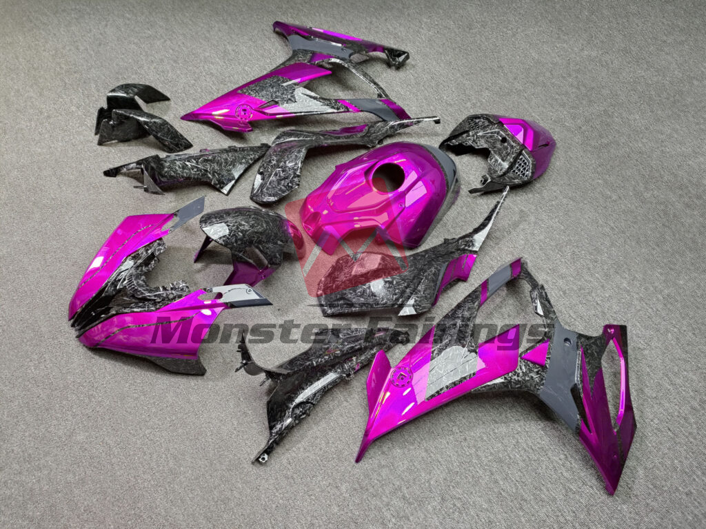 BMW S1000RR custom ABS fairings 2019 - 2022 in Gloss Forged Carbon Fiber Style With Pink & Gray - durable replacement kit, Monster Fairings