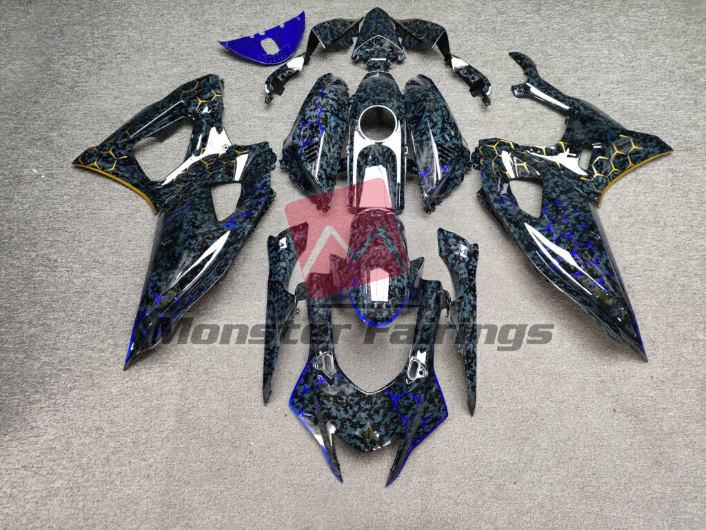Yamaha R7 2021 - 2025 Gloss Dark Gray Digital Camo With Blue & Gold Honeycomb Pattern ABS fairings - custom motorcycle bodywork kit by Monster Fairings