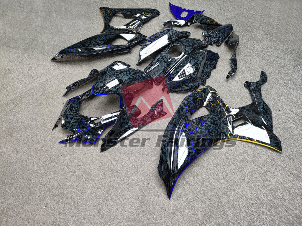 Gloss Dark Gray Digital Camo With Blue & Gold Honeycomb Pattern ABS fairings for Yamaha R7 2021 - 2025 - premium OEM fit kit by Monster Fairings