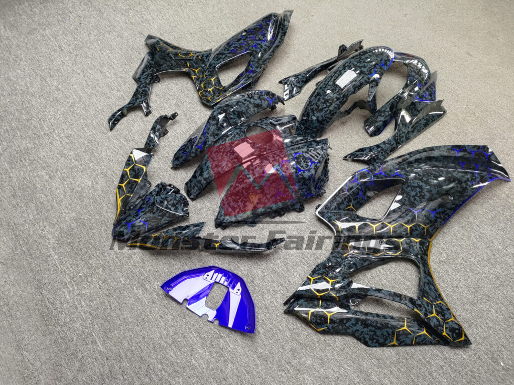 2021 - 2025 Yamaha R7 Gloss Dark Gray Digital Camo With Blue & Gold Honeycomb Pattern fairing set - ABS injection, custom painted by Monster Fairings