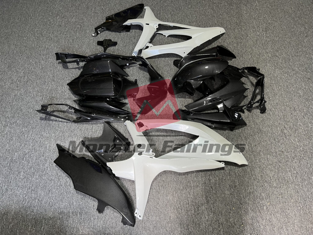 2008 - 2010 Suzuki GSXR 600 - 750 Gloss Pearl White With Carbon Fiber Style fairing set - ABS injection, custom painted by Monster Fairings