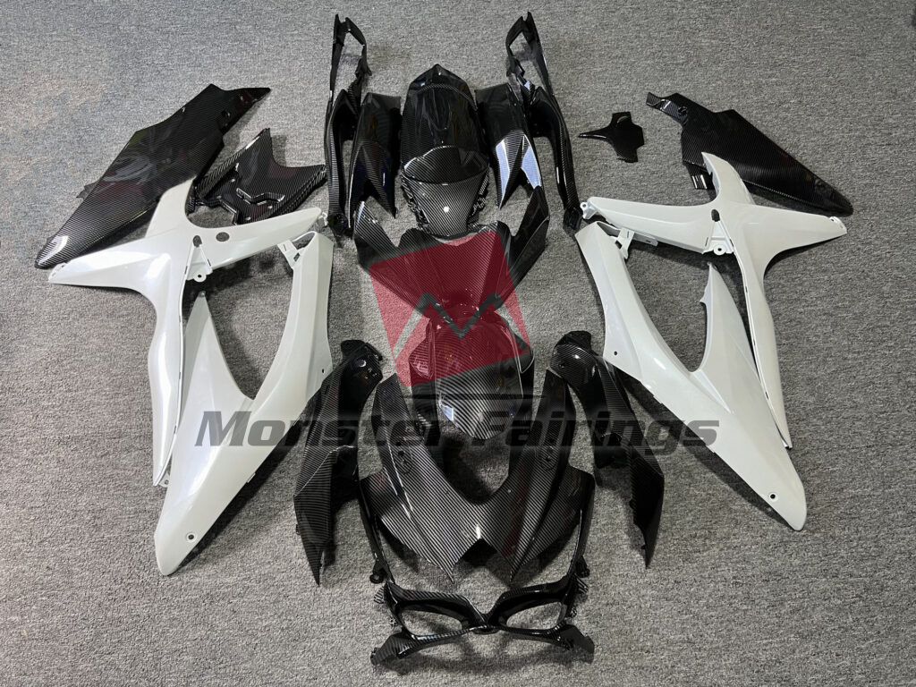 Suzuki GSXR 600 - 750 2008 - 2010 Gloss Pearl White With Carbon Fiber Style ABS fairings - custom motorcycle bodywork kit by Monster Fairings