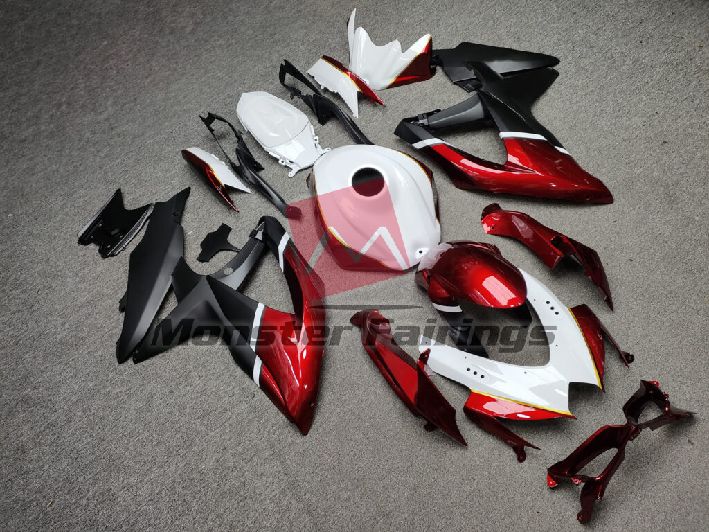 Suzuki GSXR 600 - 750 custom ABS fairings 2008 - 2010 in Gloss White With Black & Candy Red - durable replacement kit, Monster Fairings