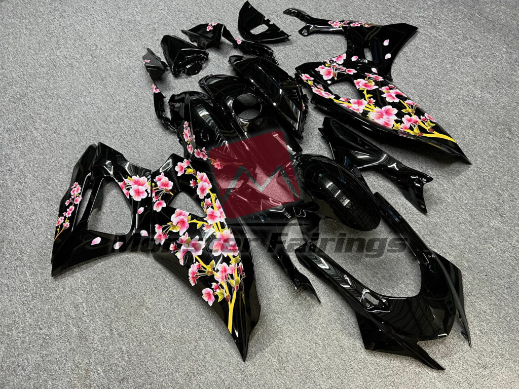 Yamaha R7 custom ABS fairings 2021 - 2025 in Gloss Black Cherry Blossom - durable replacement kit, Monster Fairings