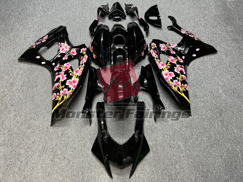 Yamaha R7 2021 - 2025 Gloss Black Cherry Blossom ABS fairings - custom motorcycle bodywork kit by Monster Fairings