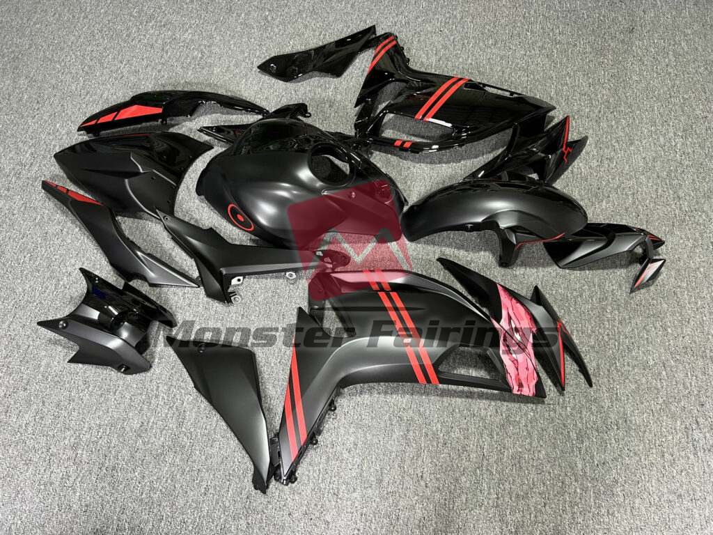 2020 - 2025 Kawasaki Ninja 650R Matte & Gloss Black Split Anime fairing set - ABS injection, custom painted by Monster Fairings