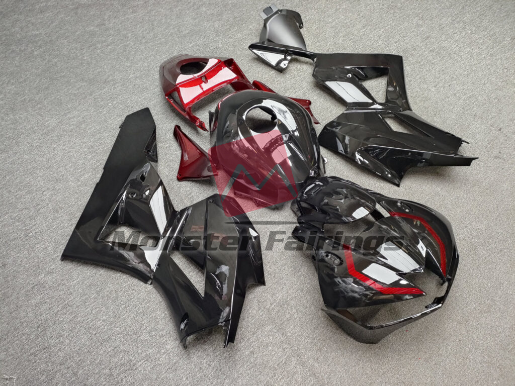 2013 - 2025 Honda CBR600RR Gloss Black With Red Carbon Fiber Style fairing set - ABS injection, custom painted by Monster Fairings