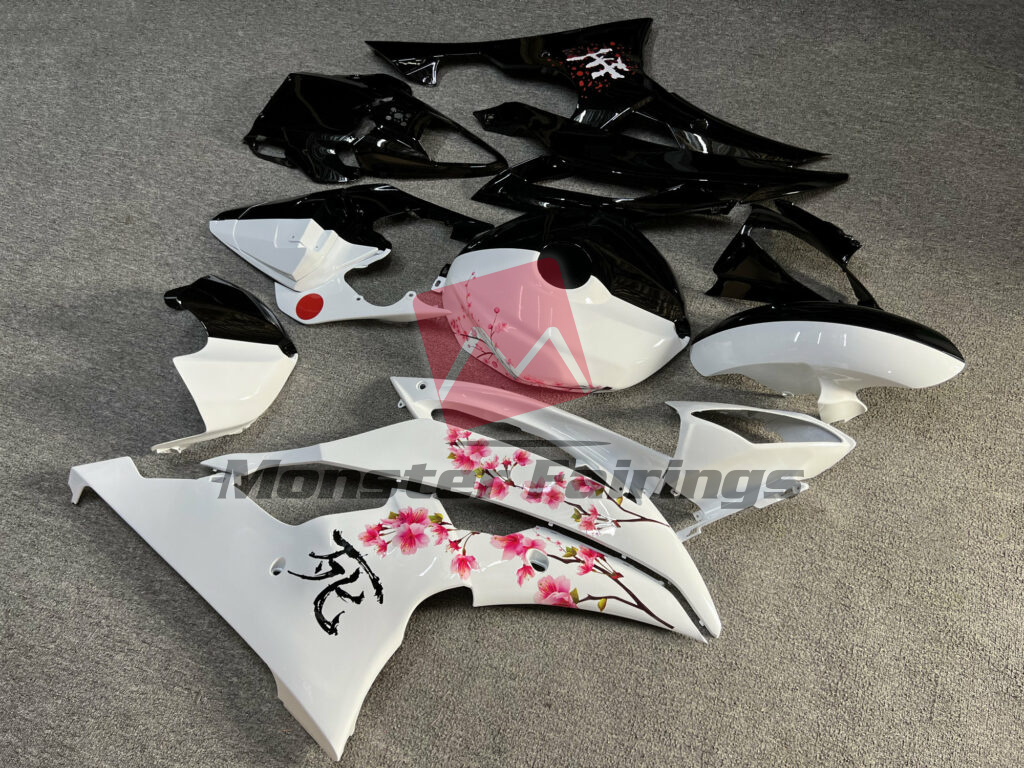 Yamaha R6 custom ABS fairings 2008 - 2016 in Gloss Black & White Cherry Blossom Split - durable replacement kit, Monster Fairings
