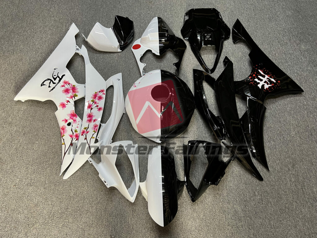 Yamaha R6 2008 - 2016 Gloss Black & White Cherry Blossom Split ABS fairings - custom motorcycle bodywork kit by Monster Fairings