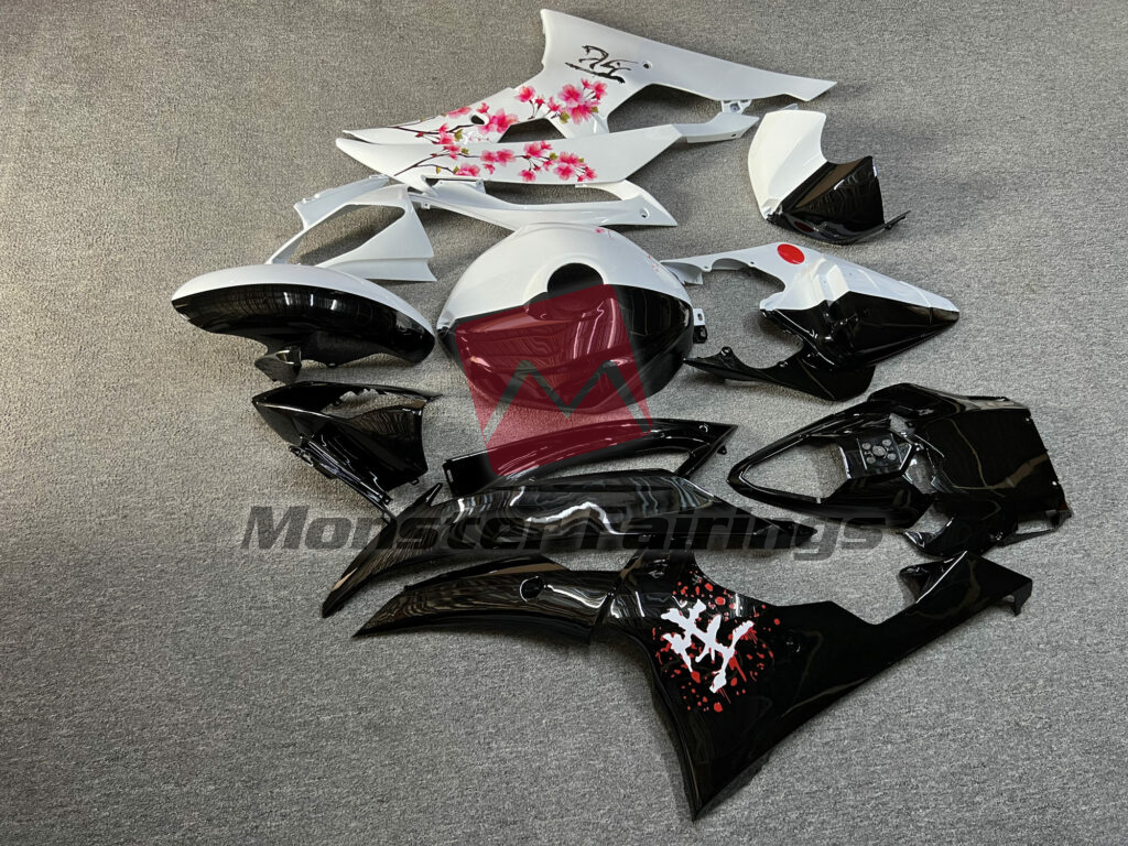 2008 - 2016 Yamaha R6 Gloss Black & White Cherry Blossom Split fairing set - ABS injection, custom painted by Monster Fairings