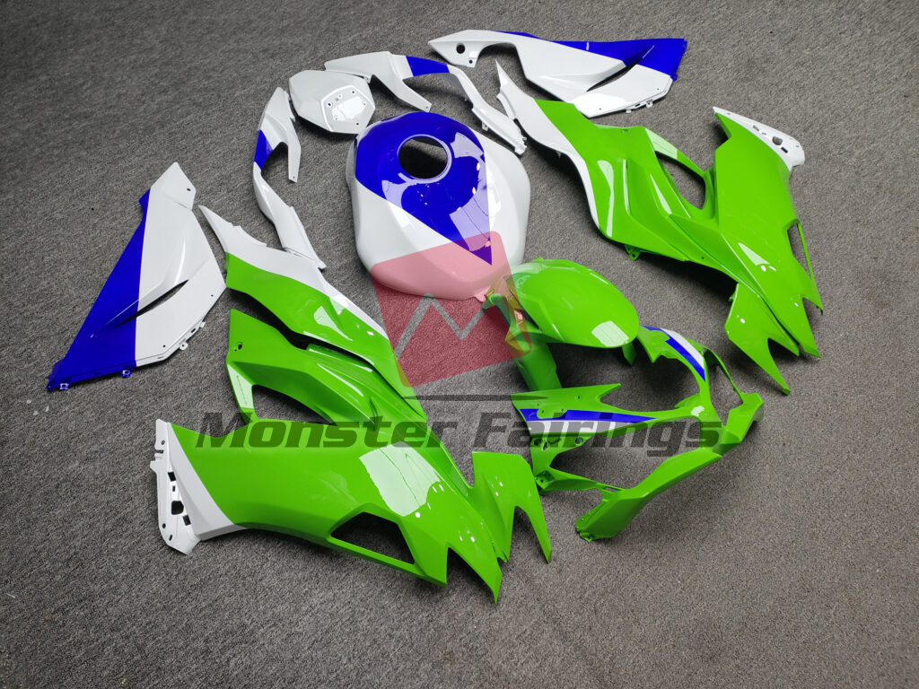 2019 - 2023 Kawasaki ZX6R Gloss Lime Green With White & Blue fairing set - ABS injection, custom painted by Monster Fairings