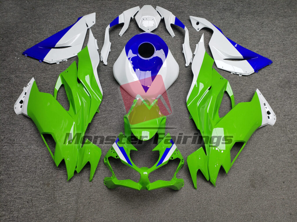 Kawasaki ZX6R 2019 - 2023 Gloss Lime Green With White & Blue ABS fairings - custom motorcycle bodywork kit by Monster Fairings