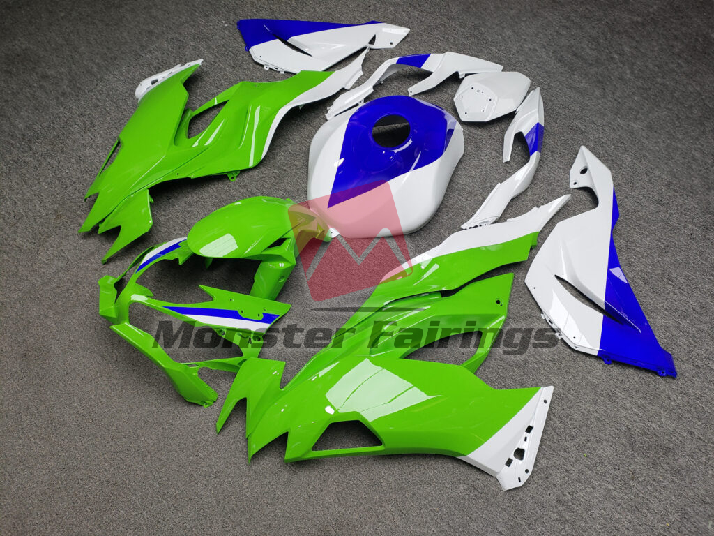 Kawasaki ZX6R custom ABS fairings 2019 - 2023 in Gloss Lime Green With White & Blue - durable replacement kit, Monster Fairings