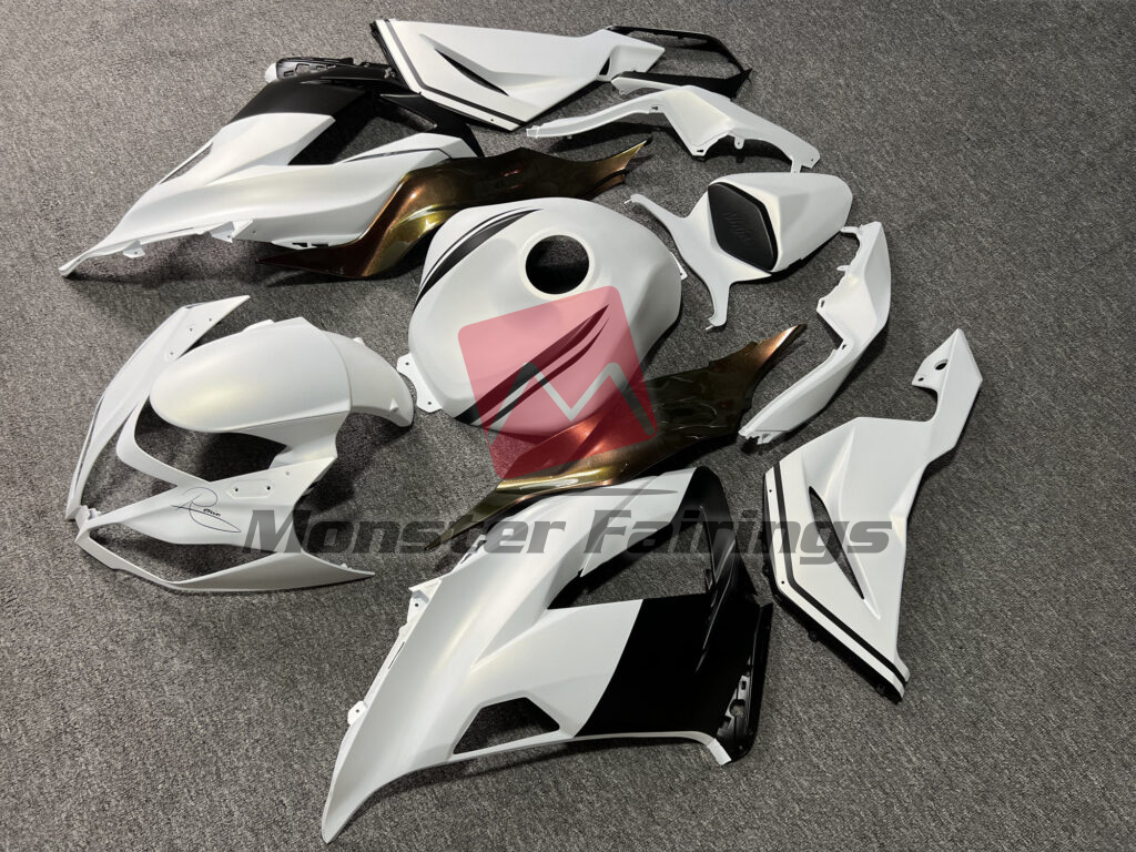 Kawasaki ZX6R custom ABS fairings 2013 - 2018 in Matte Metallic White & Black With Gloss Bronze - durable replacement kit, Monster Fairings