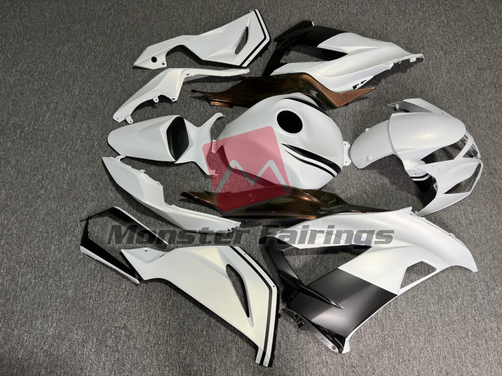 2013 - 2018 Kawasaki ZX6R Matte Metallic White & Black With Gloss Bronze fairing set - ABS injection, custom painted by Monster Fairings