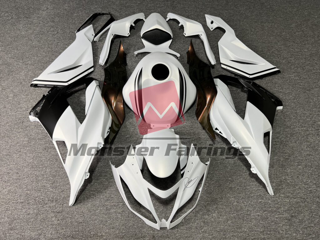 Kawasaki ZX6R 2013 - 2018 Matte Metallic White & Black With Gloss Bronze ABS fairings - custom motorcycle bodywork kit by Monster Fairings