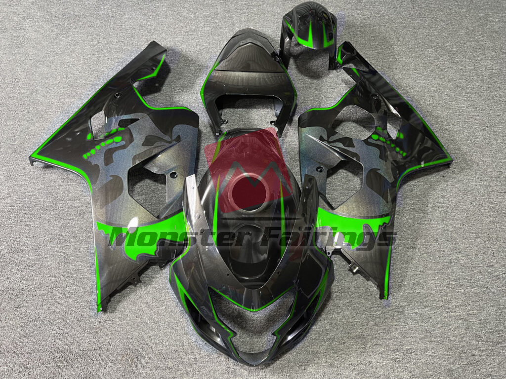 Suzuki GSXR 600 - 750 2004 - 2005 Gloss Metallic Black & Green With Custom Skull ABS fairings - custom motorcycle bodywork kit by Monster Fairings