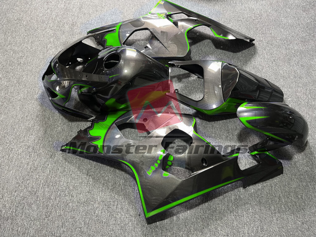 Suzuki GSXR 600 - 750 custom ABS fairings 2004 - 2005 in Gloss Metallic Black & Green With Custom Skull - durable replacement kit, Monster Fairings