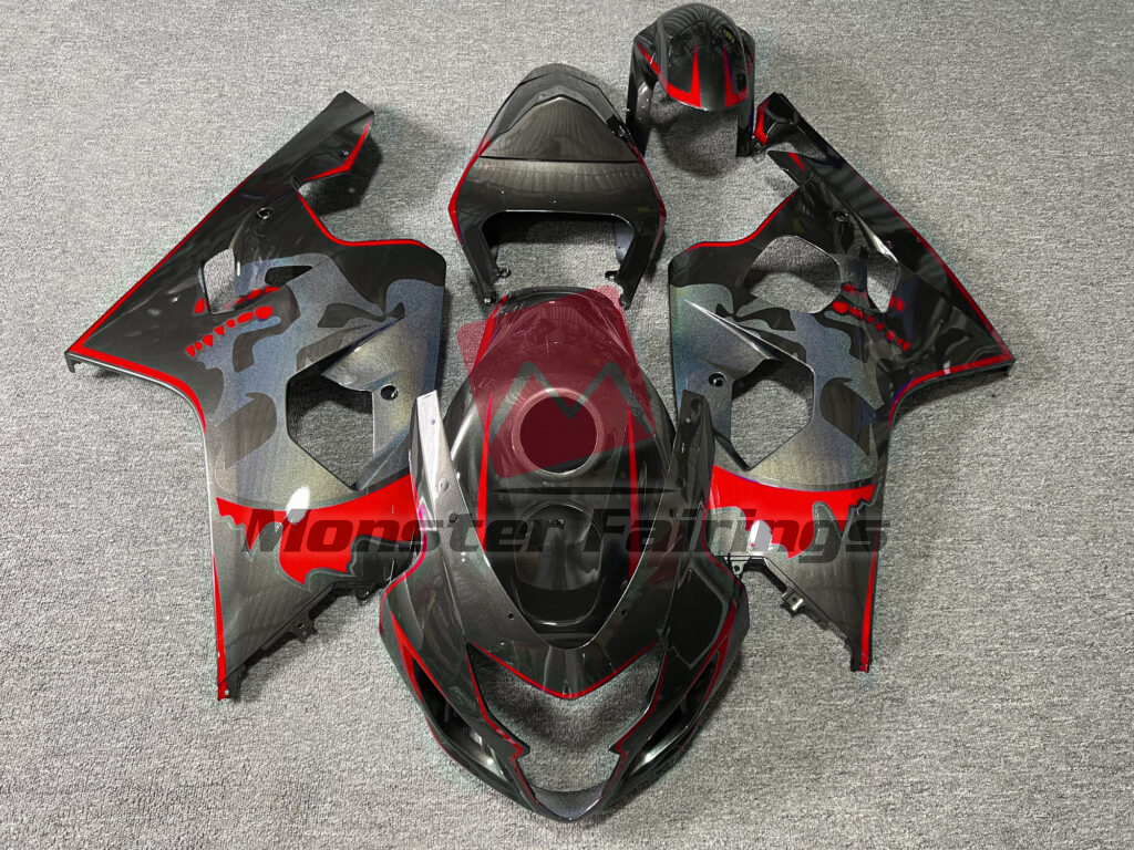 Suzuki GSXR 600 - 750 2004 - 2005 Gloss Metallic Black & Red With Custom Skull ABS fairings - custom motorcycle bodywork kit by Monster Fairings