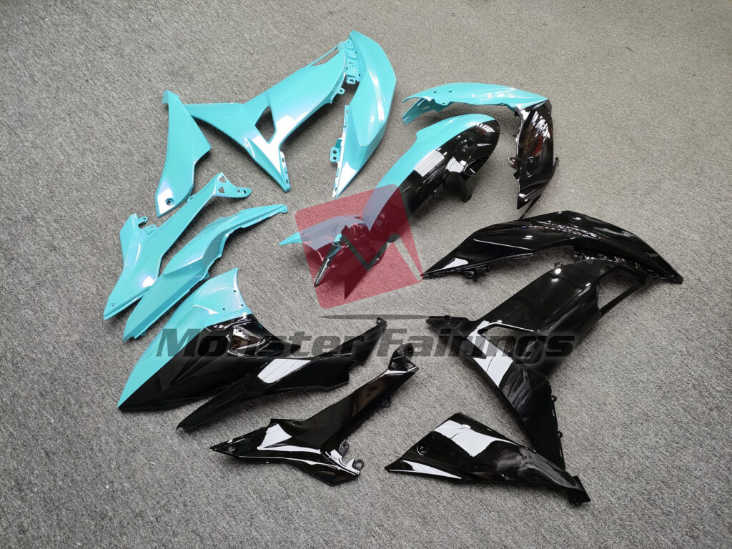 2017 - 2019 Kawasaki Ninja 650R Gloss Black & Light Blue Split fairing set - ABS injection, custom painted by Monster Fairings