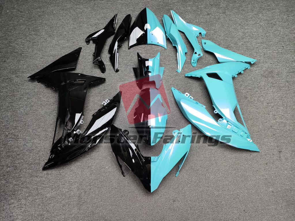Kawasaki Ninja 650R 2017 - 2019 Gloss Black & Light Blue Split ABS fairings - custom motorcycle bodywork kit by Monster Fairings