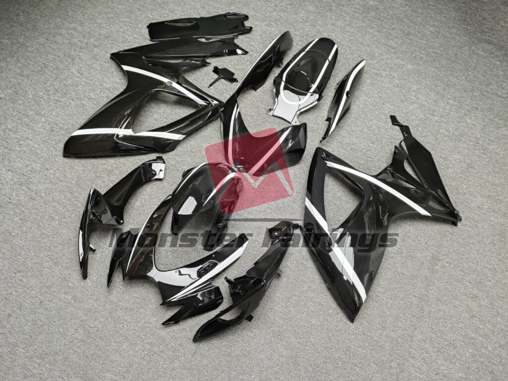 Suzuki GSXR 600 - 750 custom ABS fairings 2006 - 2007 in Gloss Black With White Lines - durable replacement kit, Monster Fairings