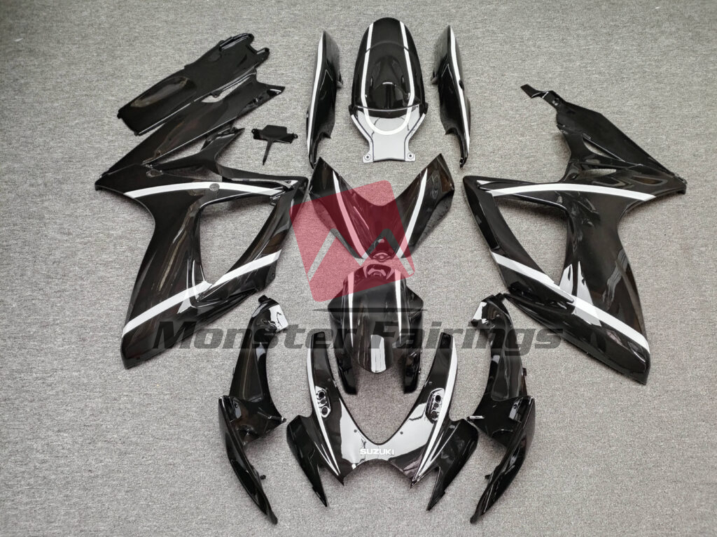 Suzuki GSXR 600 - 750 2006 - 2007 Gloss Black With White Lines ABS fairings - custom motorcycle bodywork kit by Monster Fairings