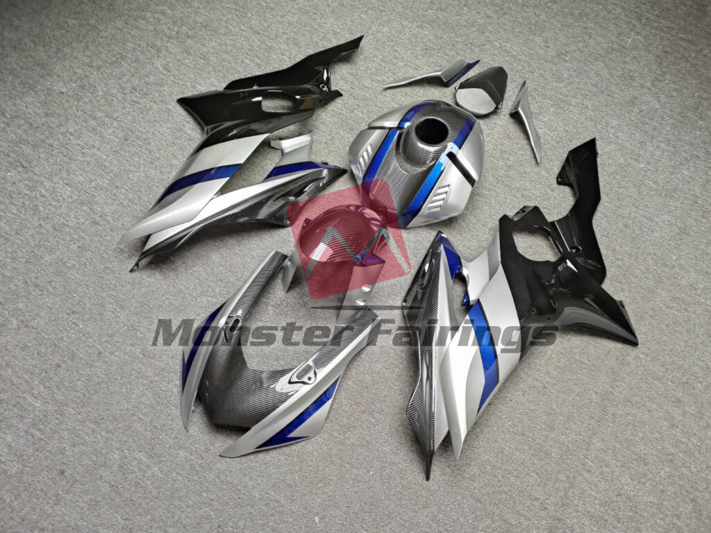 Yamaha R6 custom ABS fairings 2017 - 2022 in Gloss Silver, Black & Blue With Carbon Fiber Style - durable replacement kit, Monster Fairings