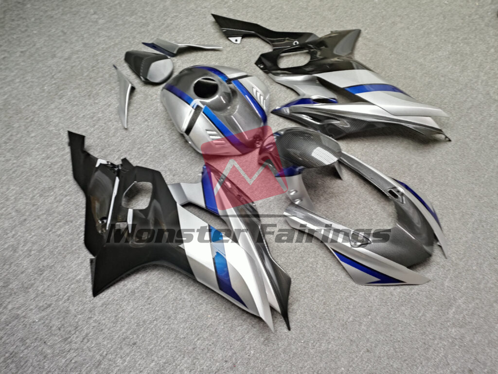 Gloss Silver, Black & Blue With Carbon Fiber Style ABS fairings for Yamaha R6 2017 - 2022 - premium OEM fit kit by Monster Fairings
