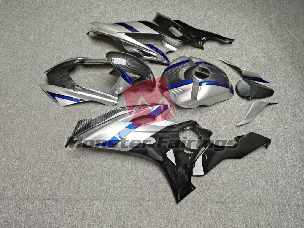 2017 - 2022 Yamaha R6 Gloss Silver, Black & Blue With Carbon Fiber Style fairing set - ABS injection, custom painted by Monster Fairings