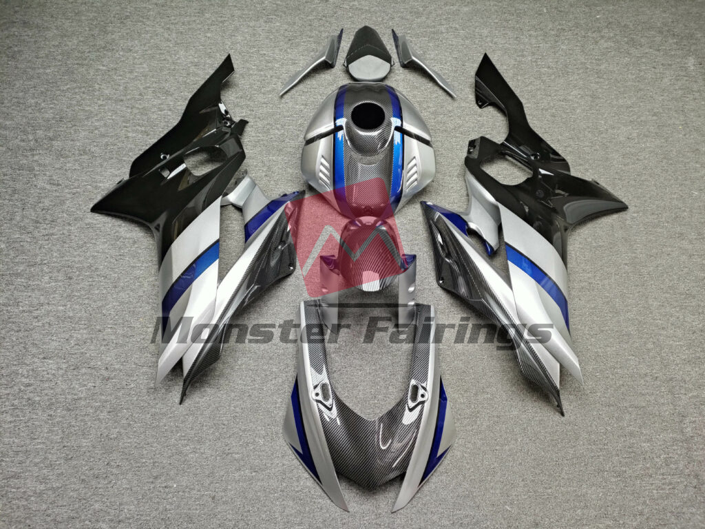 Yamaha R6 2017 - 2022 Gloss Silver, Black & Blue With Carbon Fiber Style ABS fairings - custom motorcycle bodywork kit by Monster Fairings