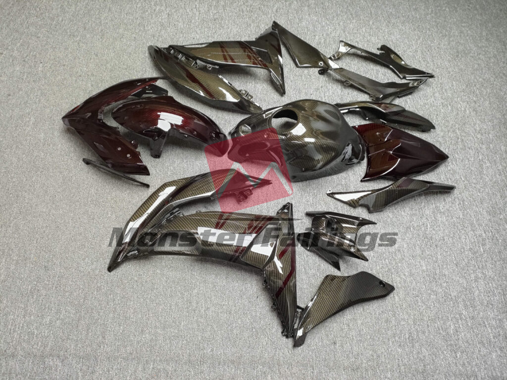 2017 - 2019 Kawasaki Ninja 650R Gloss Red & Black Carbon Fiber Style fairing set - ABS injection, custom painted by Monster Fairings