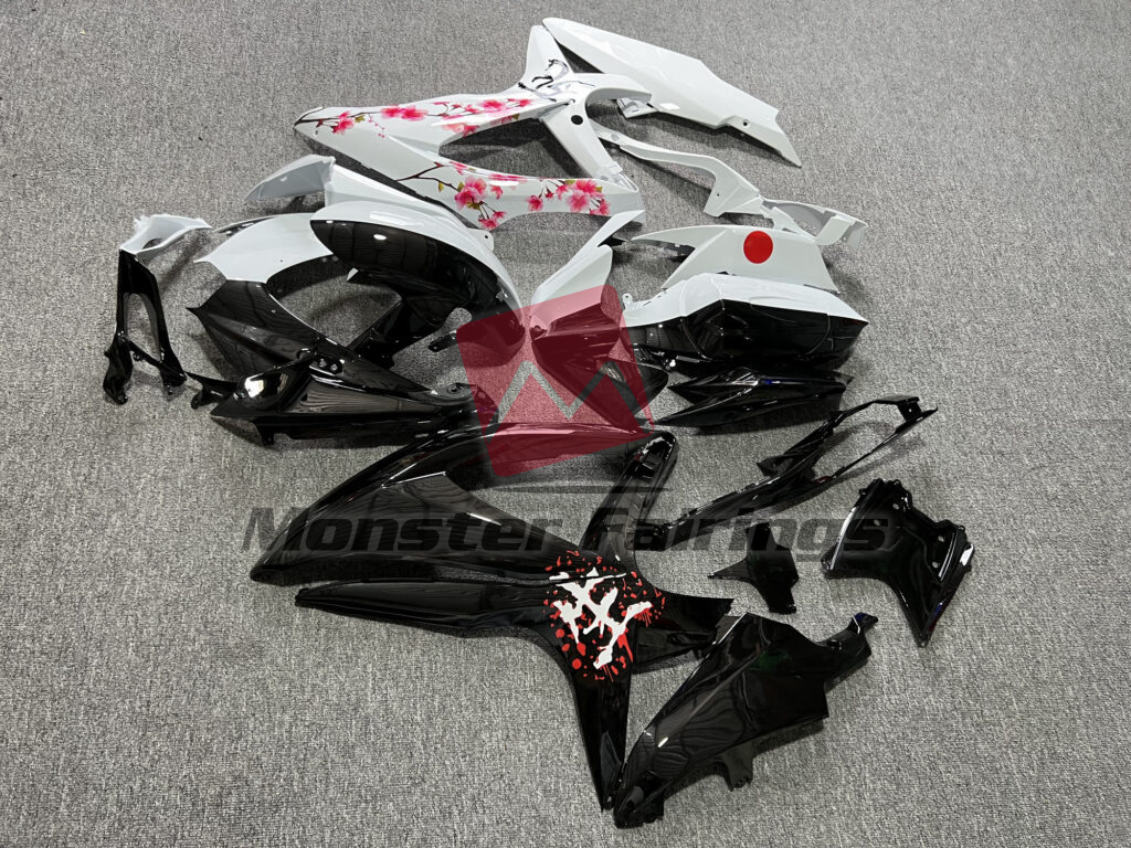 2008 - 2010 Suzuki GSXR 600 - 750 Gloss Black & White Cherry Blossom Split fairing set - ABS injection, custom painted by Monster Fairings