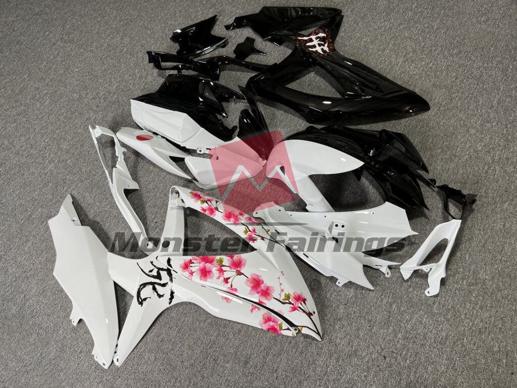 Suzuki GSXR 600 - 750 custom ABS fairings 2008 - 2010 in Gloss Black & White Cherry Blossom Split - durable replacement kit, Monster Fairings