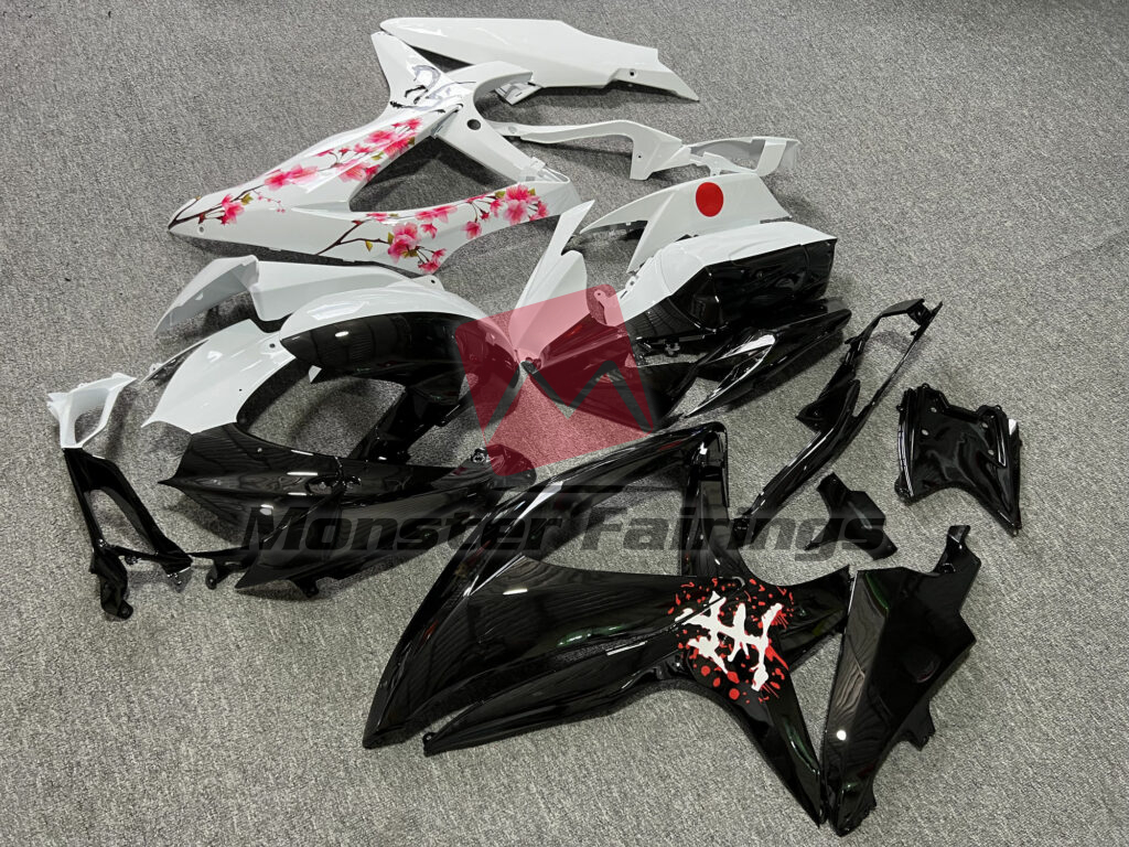 Gloss Black & White Cherry Blossom Split ABS fairings for Suzuki GSXR 600 - 750 2008 - 2010 - premium OEM fit kit by Monster Fairings