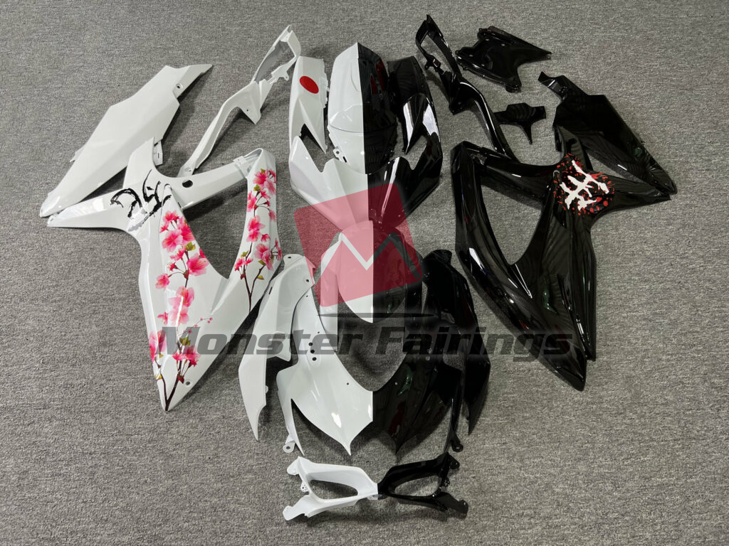 Suzuki GSXR 600 - 750 2008 - 2010 Gloss Black & White Cherry Blossom Split ABS fairings - custom motorcycle bodywork kit by Monster Fairings