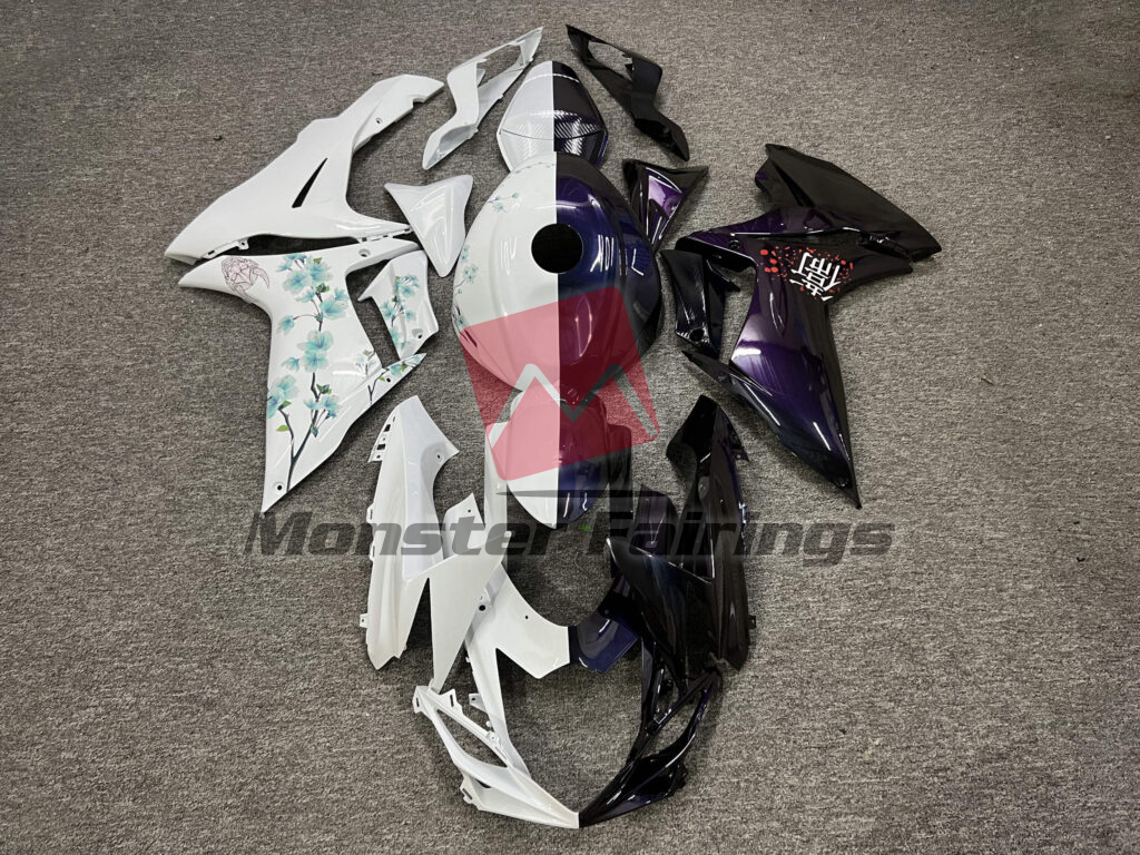 Suzuki GSXR 600 - 750 2011 - 2025 Gloss Midnight Blue & White Cherry Blossom Split ABS fairings - custom motorcycle bodywork kit by Monster Fairings