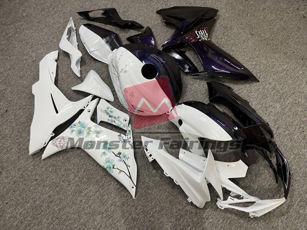 Suzuki GSXR 600 - 750 custom ABS fairings 2011 - 2025 in Gloss Midnight Blue & White Cherry Blossom Split - durable replacement kit, Monster Fairings
