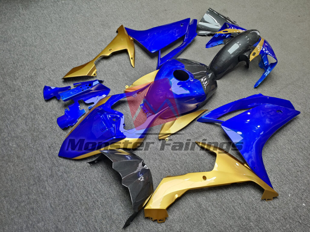 2007 - 2008 Yamaha R1 Gloss Blue & Yellow With Carbon Fiber Style fairing set - ABS injection, custom painted by Monster Fairings